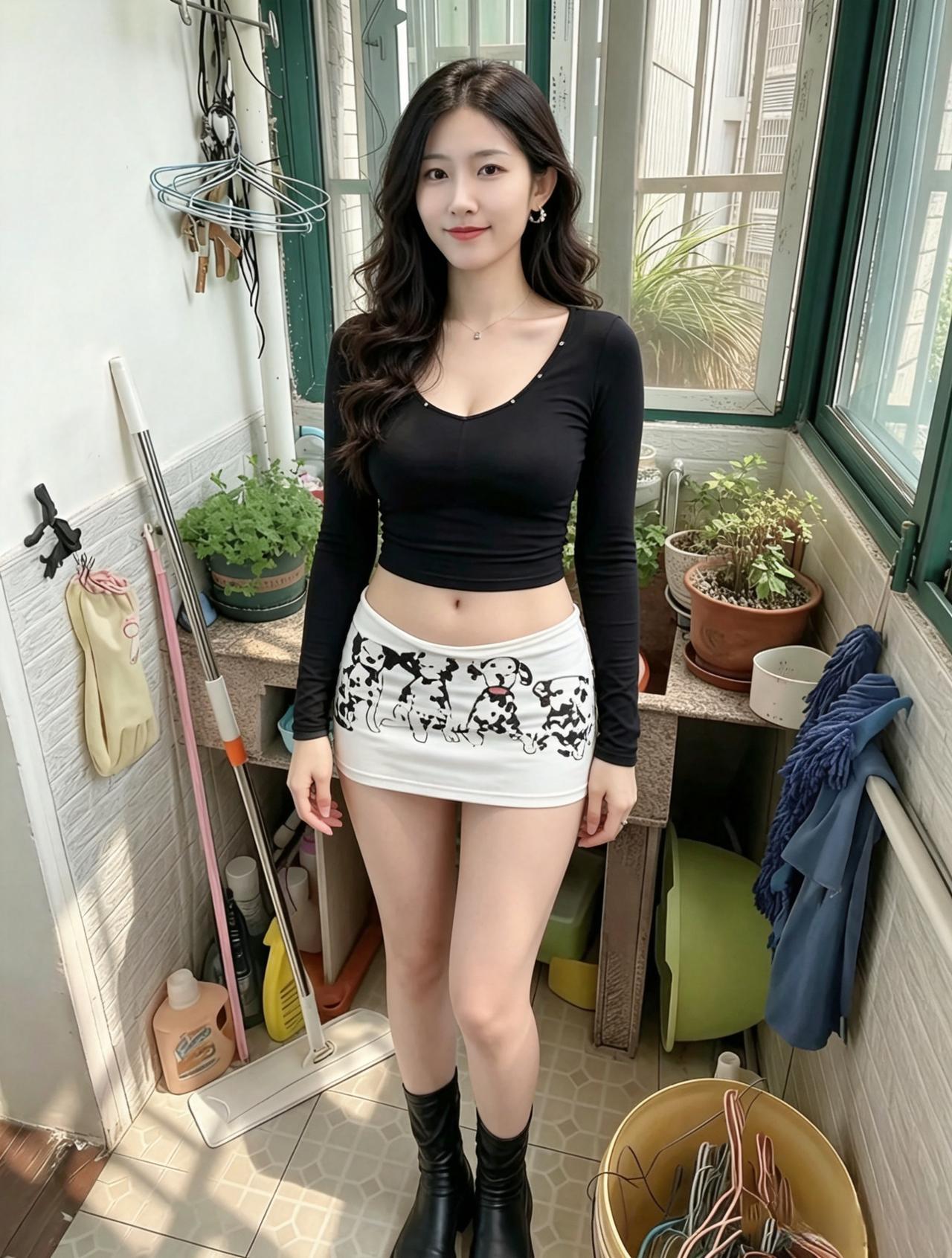 阳台晴日映娇容，素腰纤肢韵不同。一袭黑衣裁晓色，白裙点点似星融。
