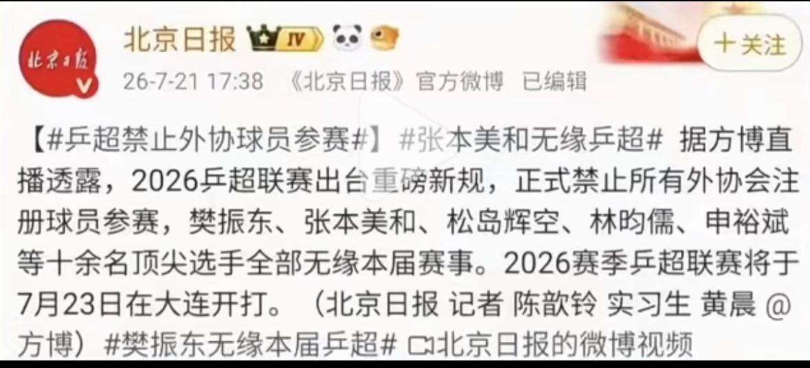 北京日报—把樊振东定性为外协，不够专业！7月21日北京日报发文，乒超禁止外协