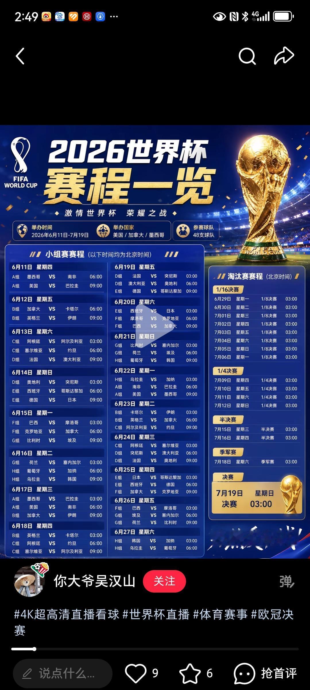 美加墨世界杯世界杯即将拉开帷幕。进入淘汰赛后都是半夜三点的比赛，倒是可以看看下半