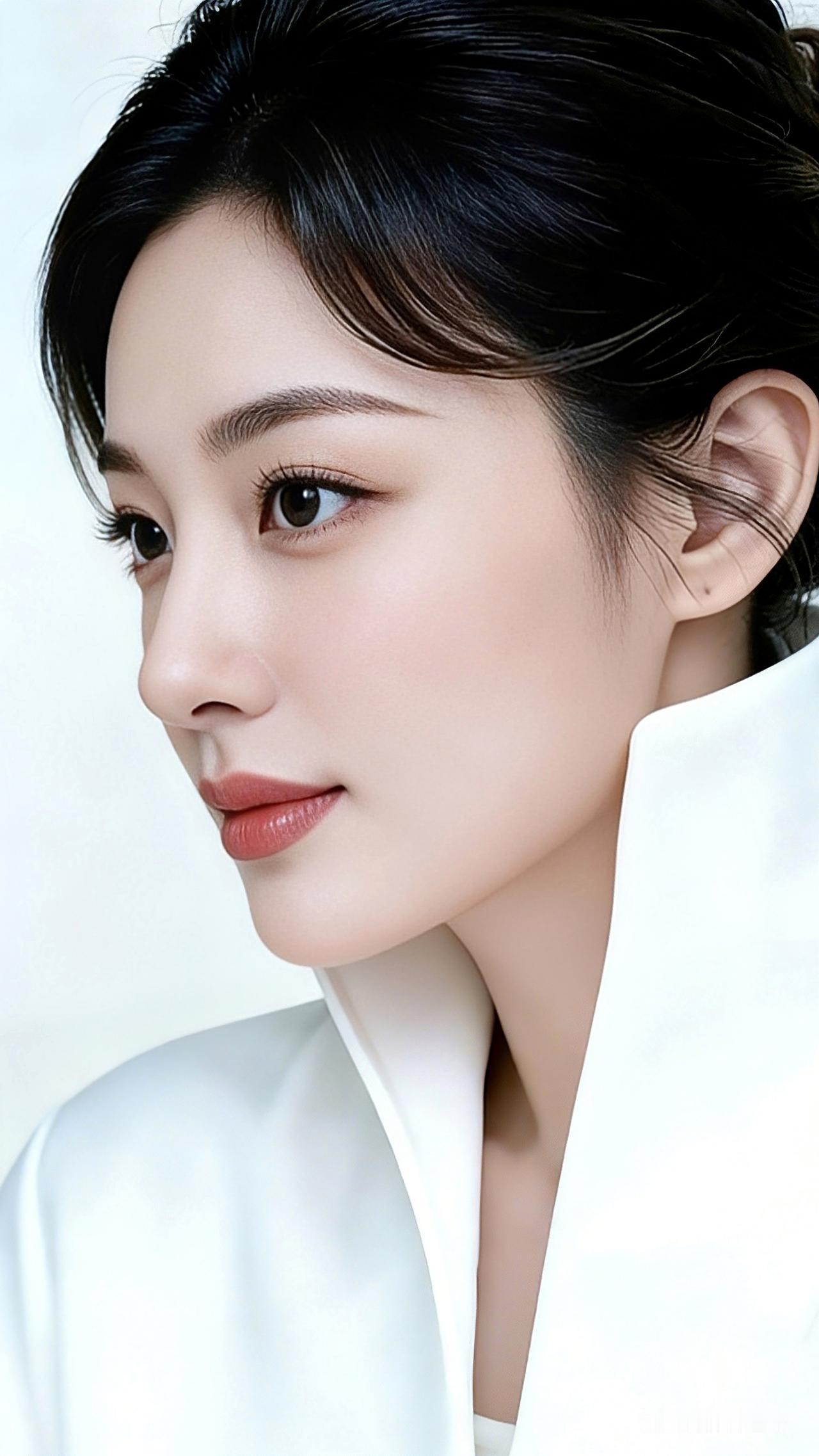 九帧同绘东方雅韵仙。乌发盘髻碎发垂，白衣立领衬雪肌。眉眼含情眸藏星，唇点樱粉笑意