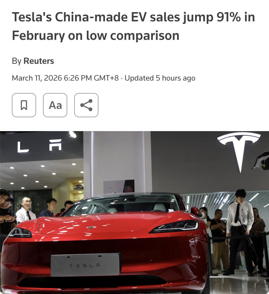 外媒：特斯拉2月中国产电动车销量同比增长91%至5.86万辆，连续第四个月上升，