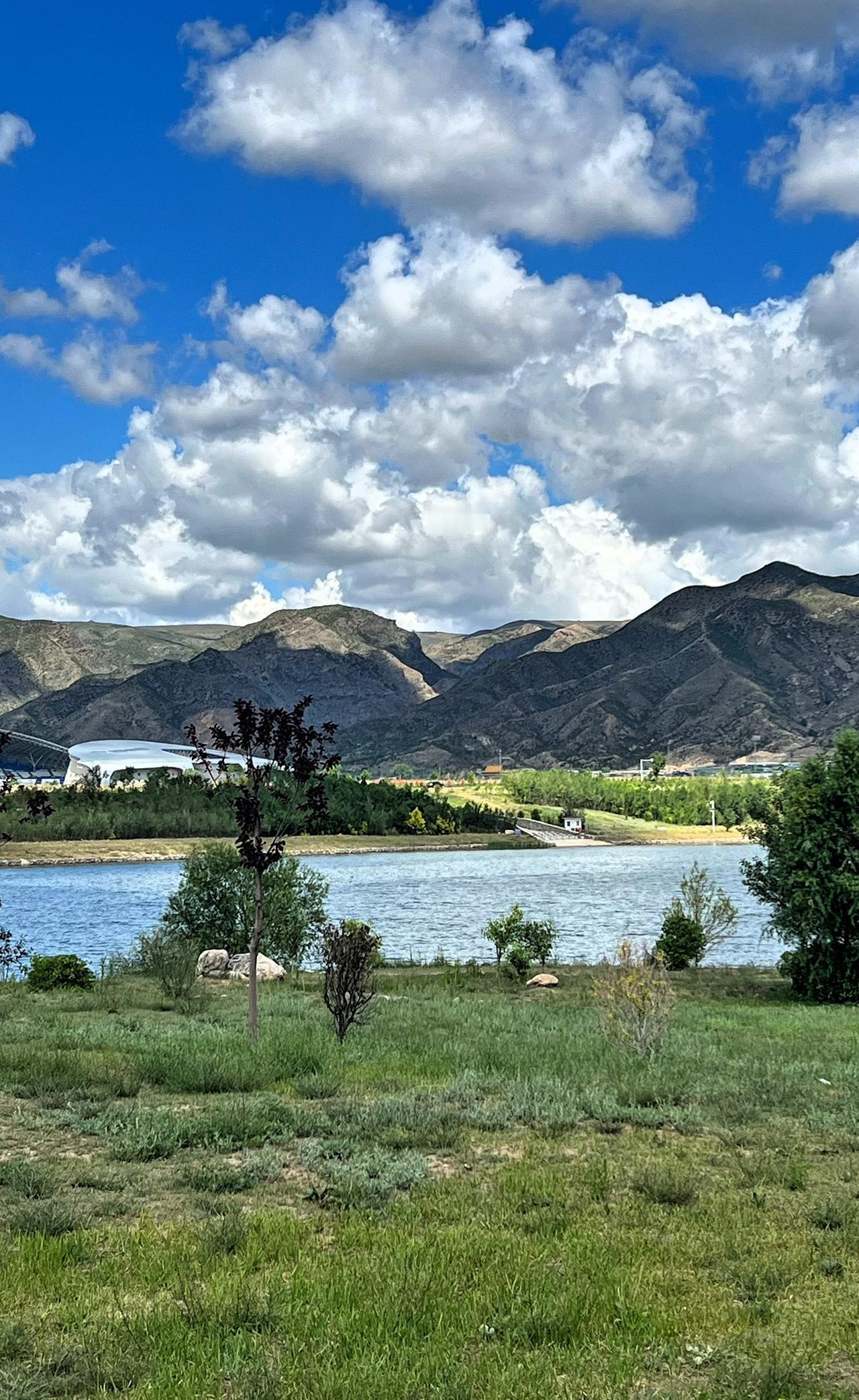 分享手机相册里的风光美景：蓝天白云下的宁静湖泊，远山如黛，绿草如茵，自然之美尽收