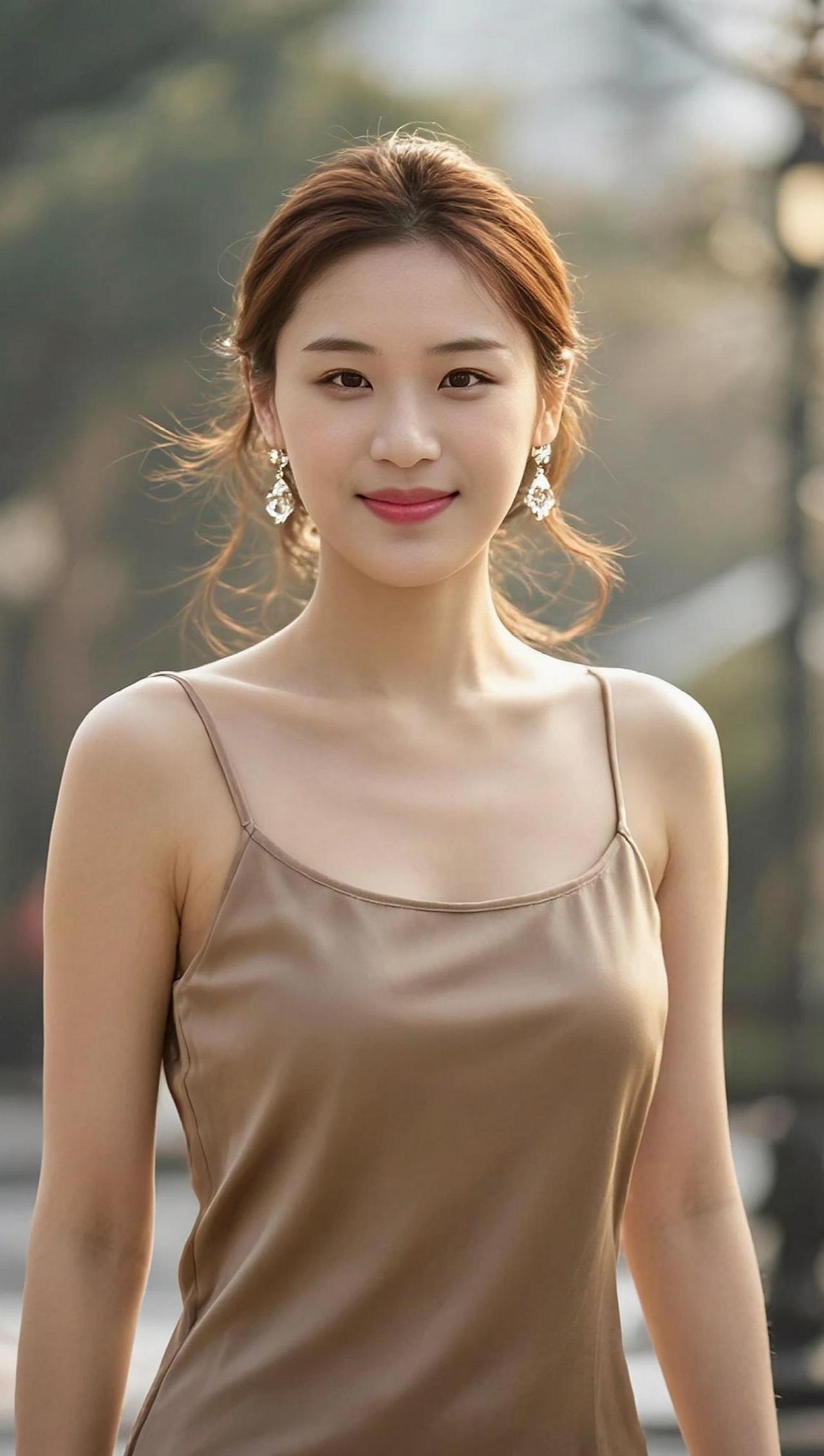 晚风拂过发梢，像一句未说完的告白。她站在光里，肩带轻垂，仿佛时光也放慢了脚步。这