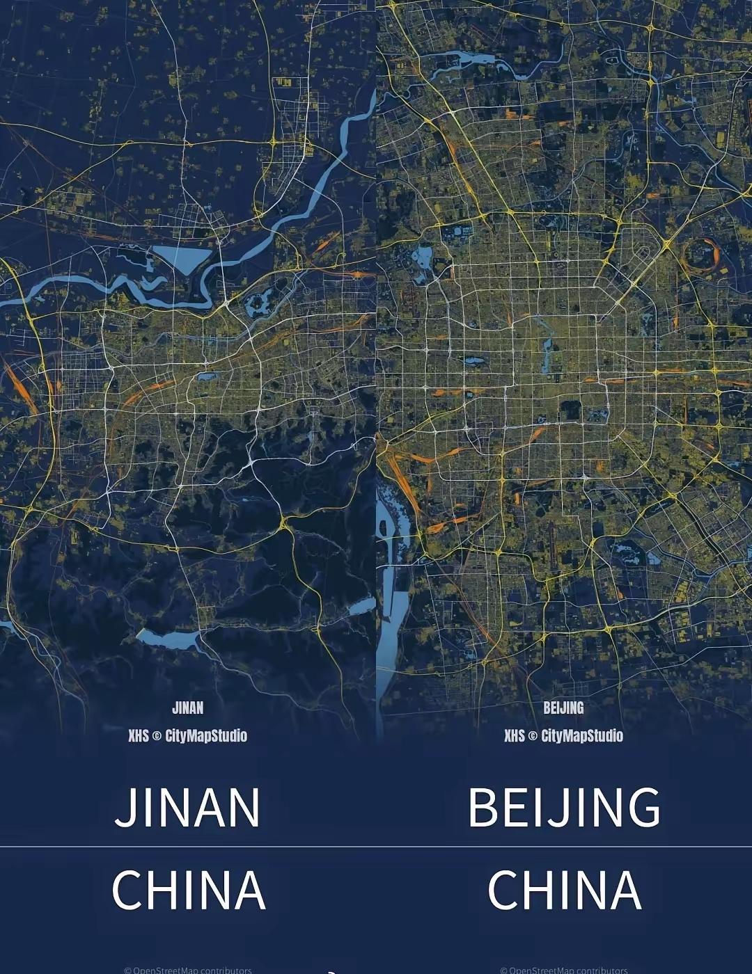 看地图才明白北京和济南的大小，超大城市和大型城市的建成区规模差距巨大。北京建成
