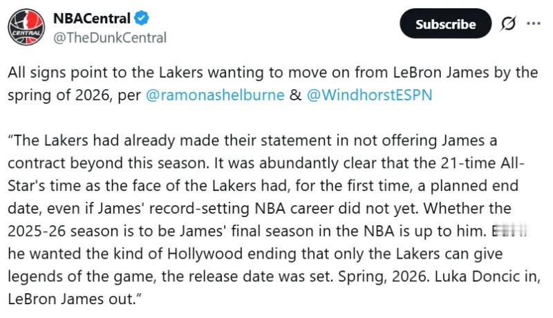 【ESPN：詹姆斯与湖人，即将分道扬镳？🏀】今日，ESPN记者RamonaS