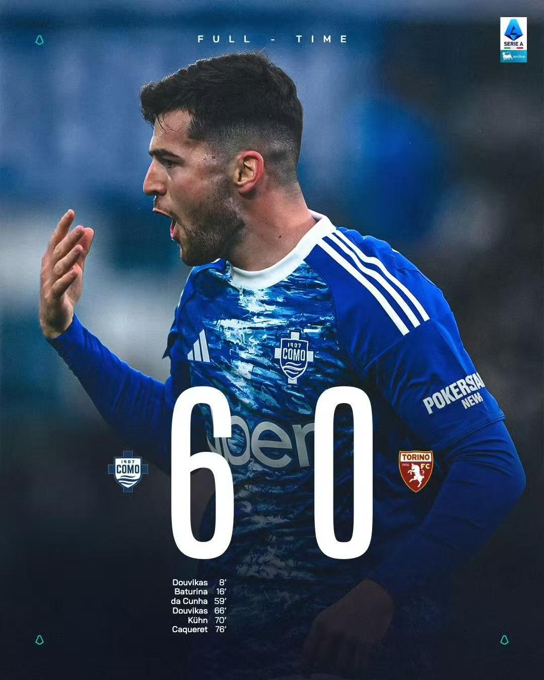 又多了一个竞争对手？科莫6比0赢球，意甲积分榜上多赛一场超越了尤文图斯。科莫本