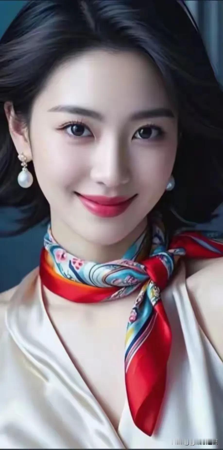 彩丝巾点缀，珍珠衬眉眼，优雅是历经时光沉淀的气质。带蓝丝巾的少女温婉可人丝巾