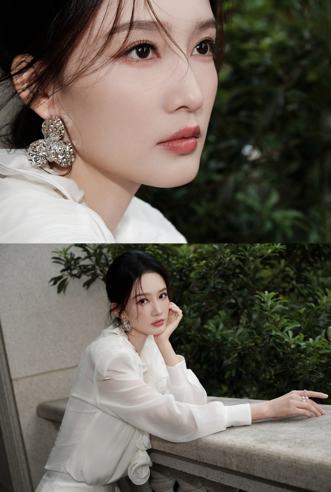 李沁今日亮相芒果共创生态大会造型大片，身着ANNAKIKI2026秋冬系列荷叶领时装搭配同色系短裙，