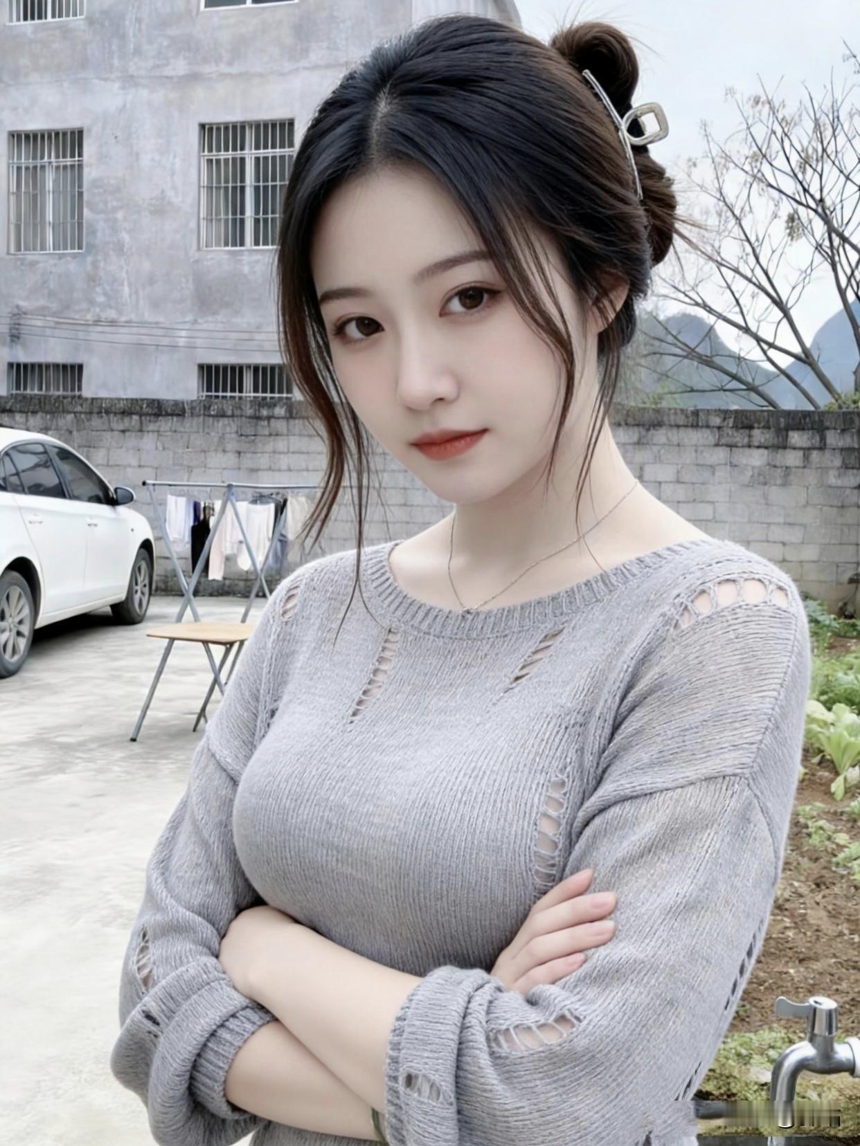 美图欣赏，看图写诗《晴院甜隅》七言绝句晴庭晓色惹眉弯，绾髻轻扬笑靥