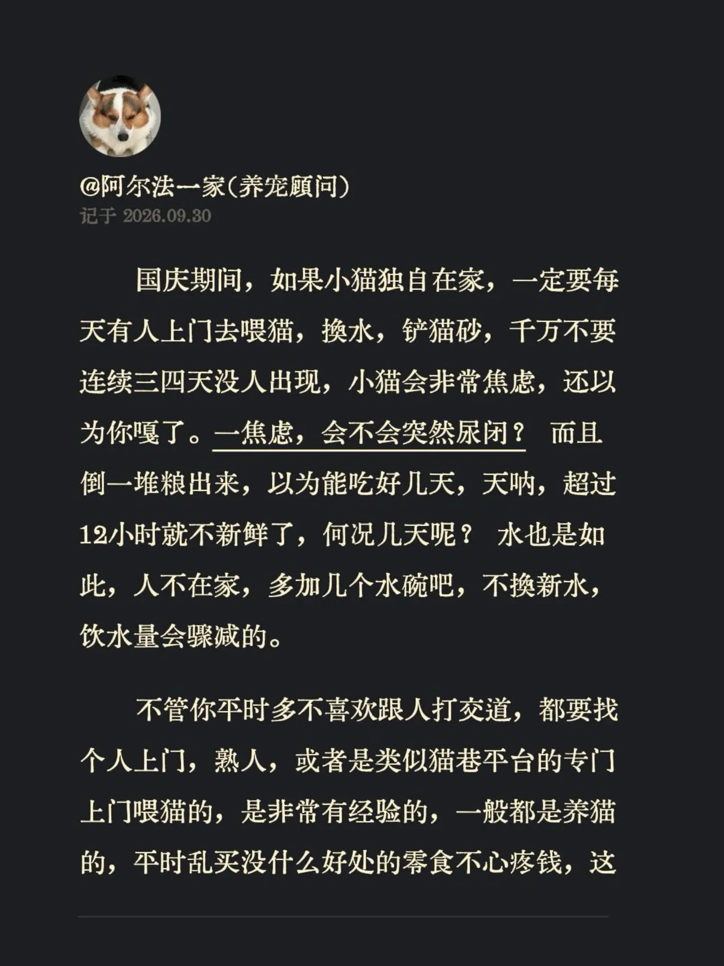 最好别跟你的毛孩子分开。国庆期间，如果小猫独自在家，一定要每天有人上门...