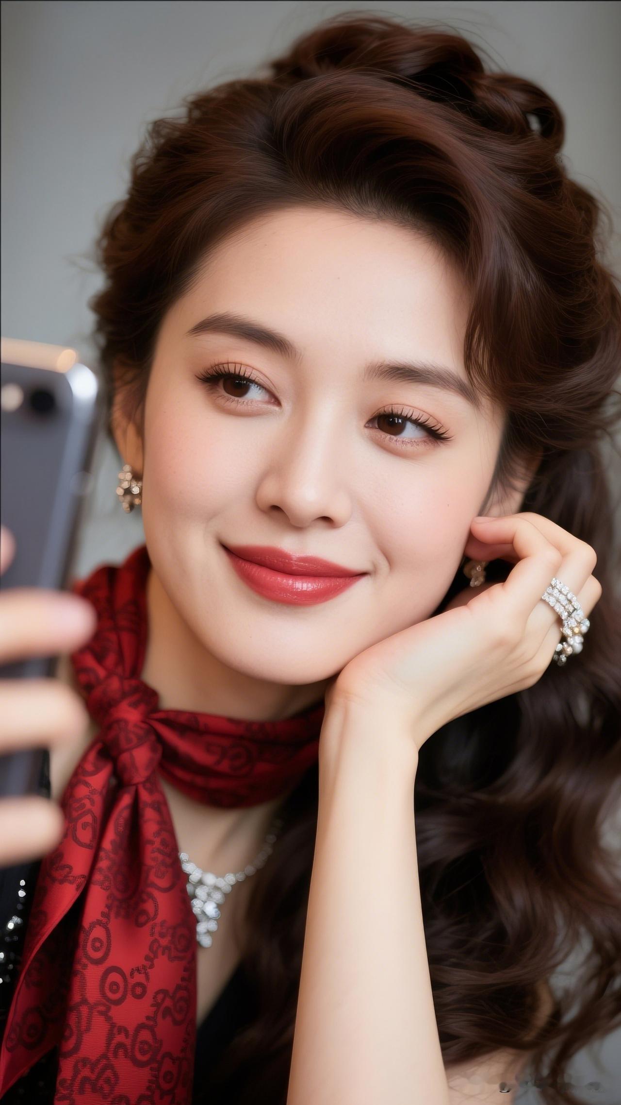 风情万种的女人是什么样的?优雅红丝巾，甜美笑容，手机自拍，时尚穿搭