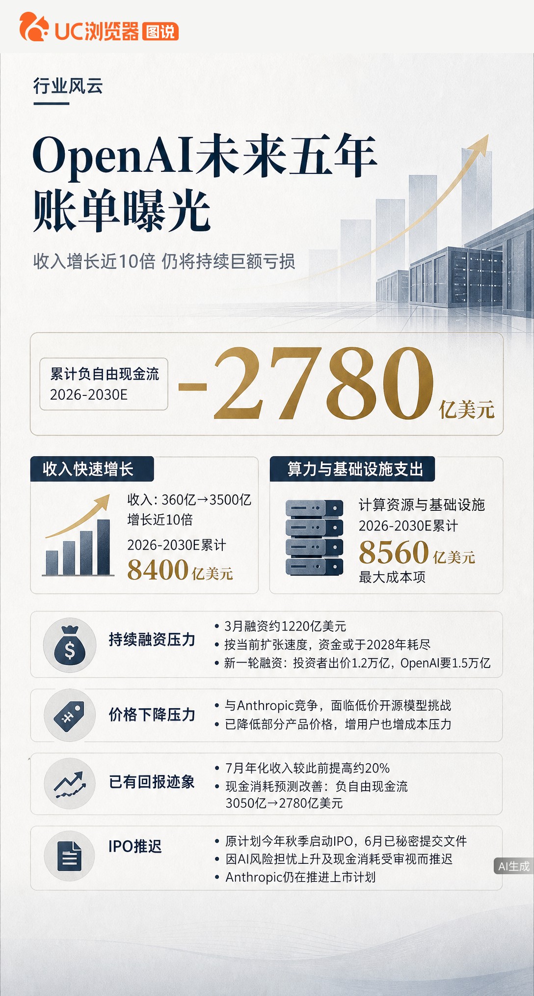 据FT曝光的预测，OpenAI未来五年预计收入8400亿美元，但算力支出高达8560亿。赚得越多花得