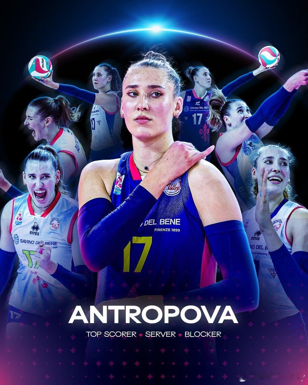 截止目前安特罗波娃本赛季意大利联赛数据：总得分280分，其中包含20次发球直接得