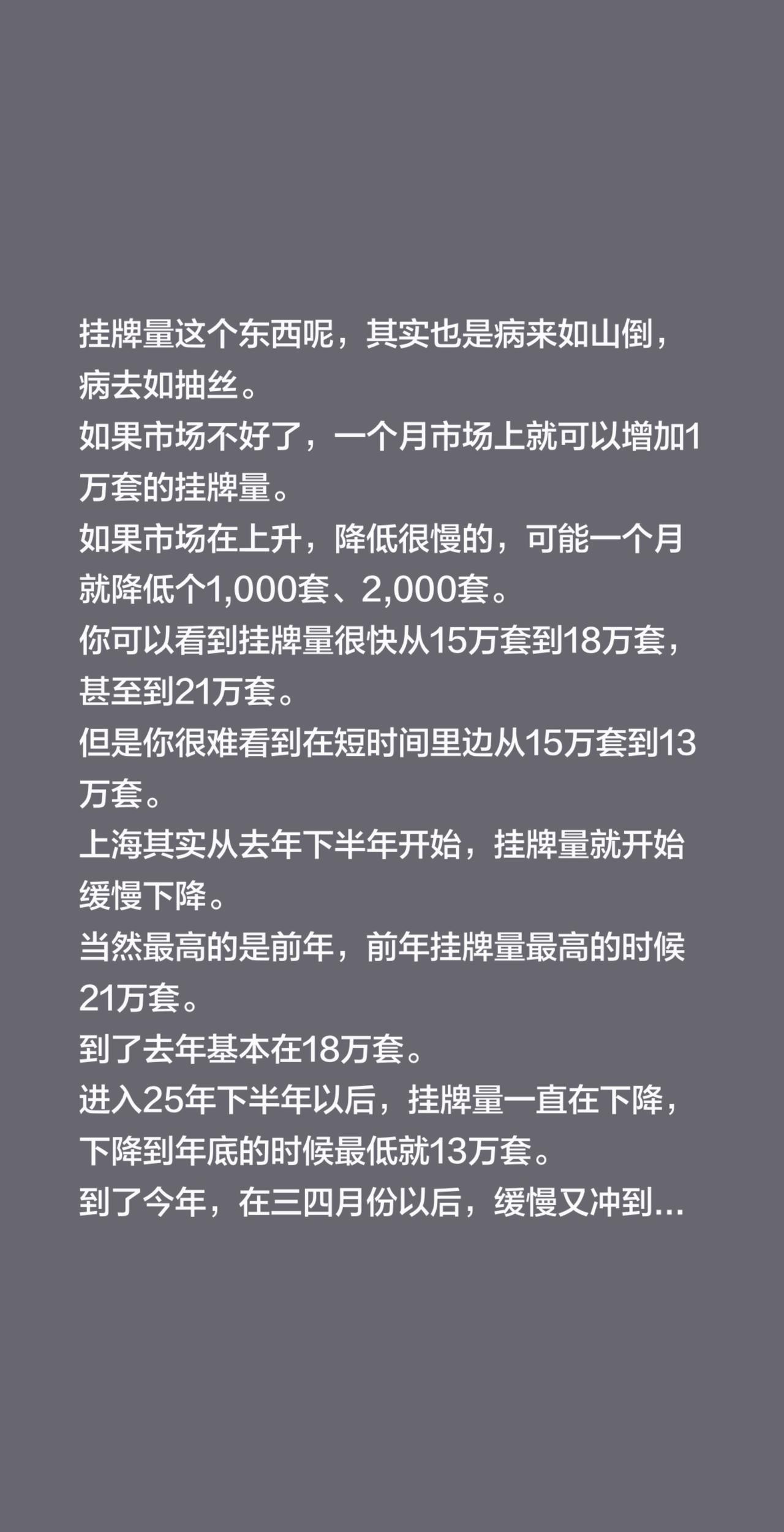 挂牌量这个东西呢，其实也是病来如山倒，病去如抽丝。如果市场不好了，一个月市场上