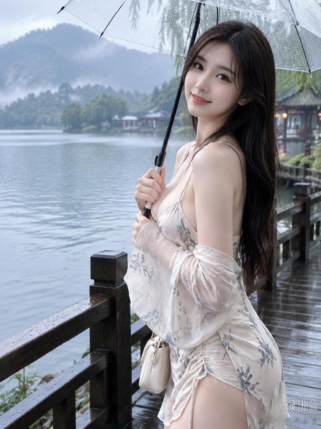 美景如画雨落湖岸，撑伞在临湖栈道驻足，远山如黛水色清透似画，慢淌的时光浸着软融