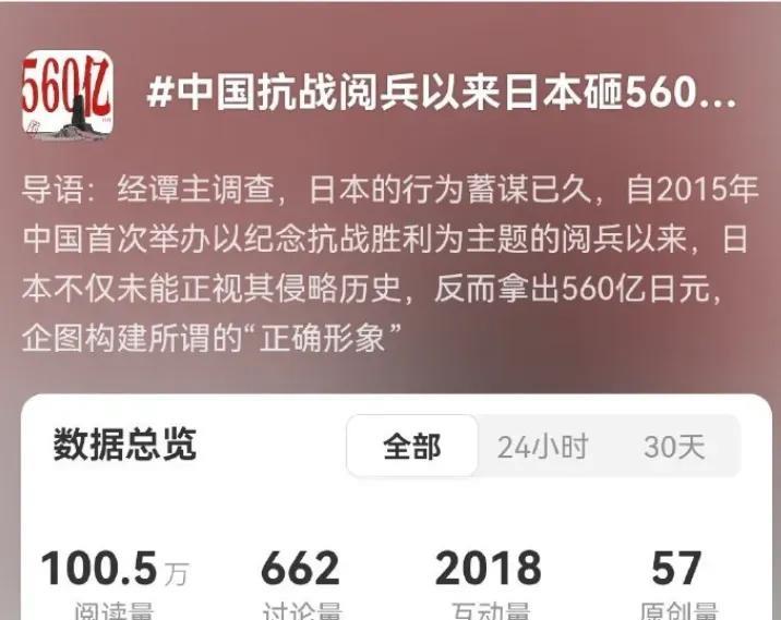 自2015年中国首次举办以纪念抗战胜利为主题的阅兵以来，日本已拿出560亿日元，