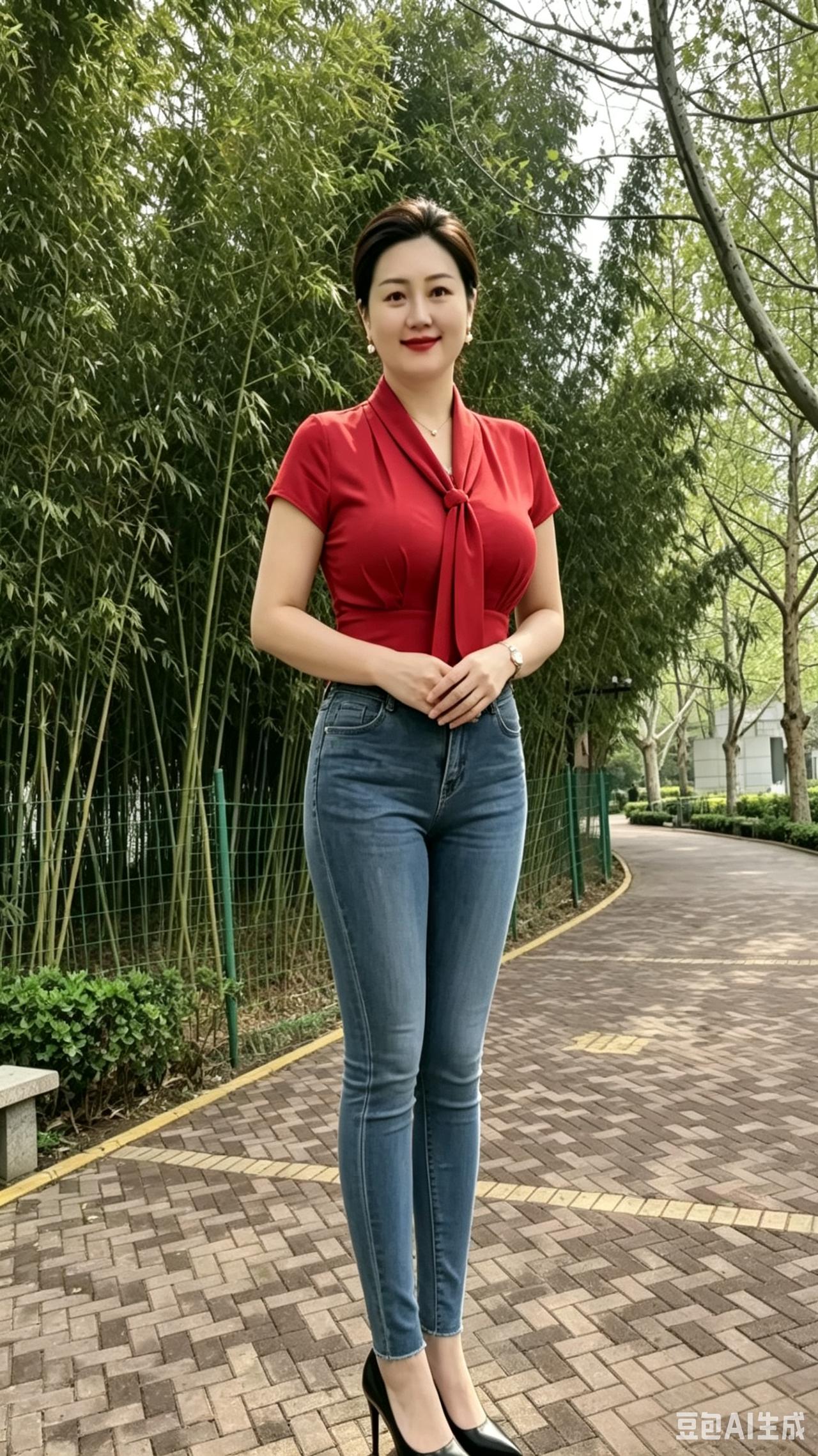 竹林佳人青青竹林遮艳阳，蓝衣靓女立道旁。气质温婉身段好，评论区等你写