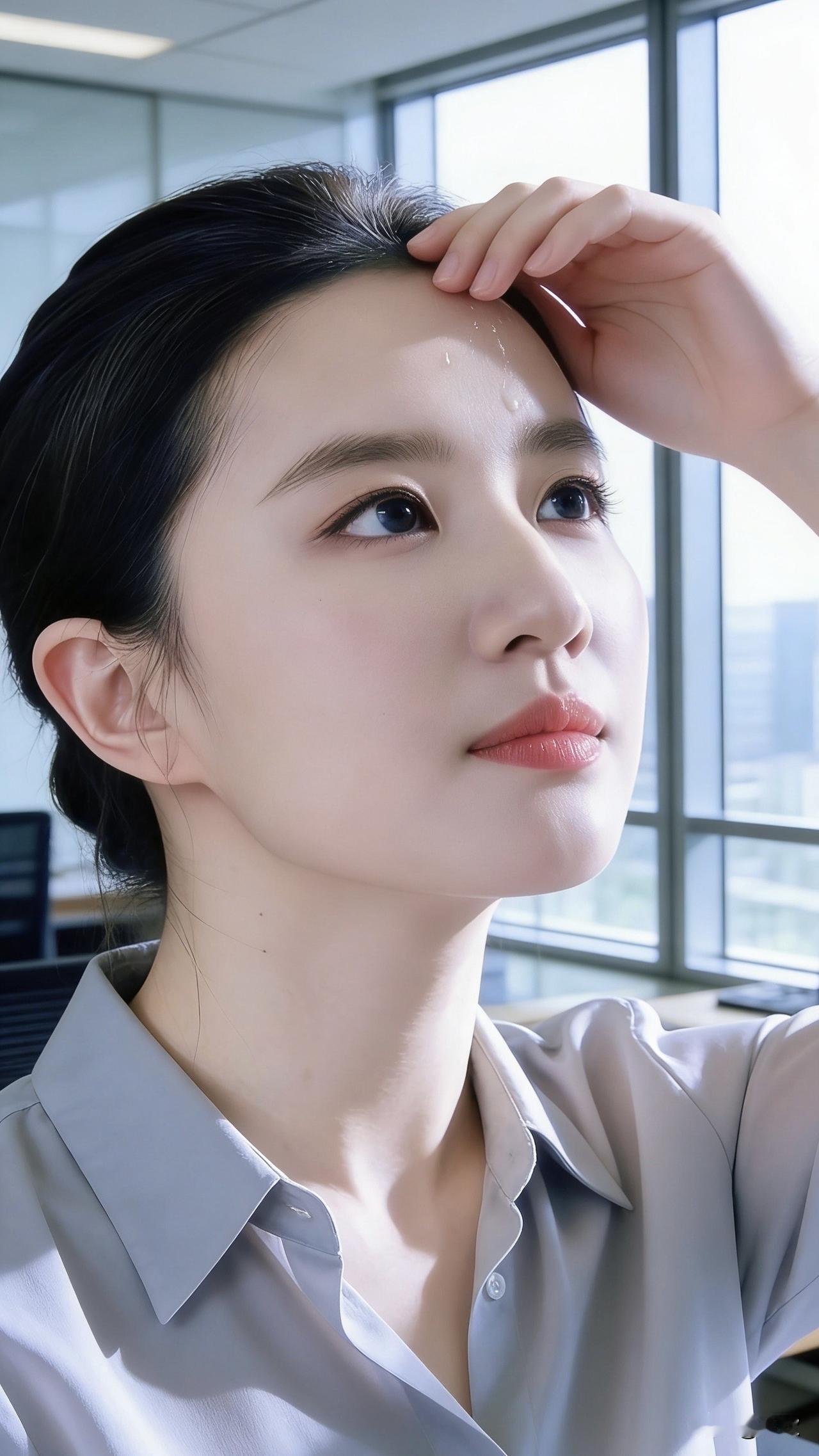 浅灰衬衫的衣料在办公室的冷光里泛着细腻的光泽，她抬手拂开额前的碎发，目光越过落地