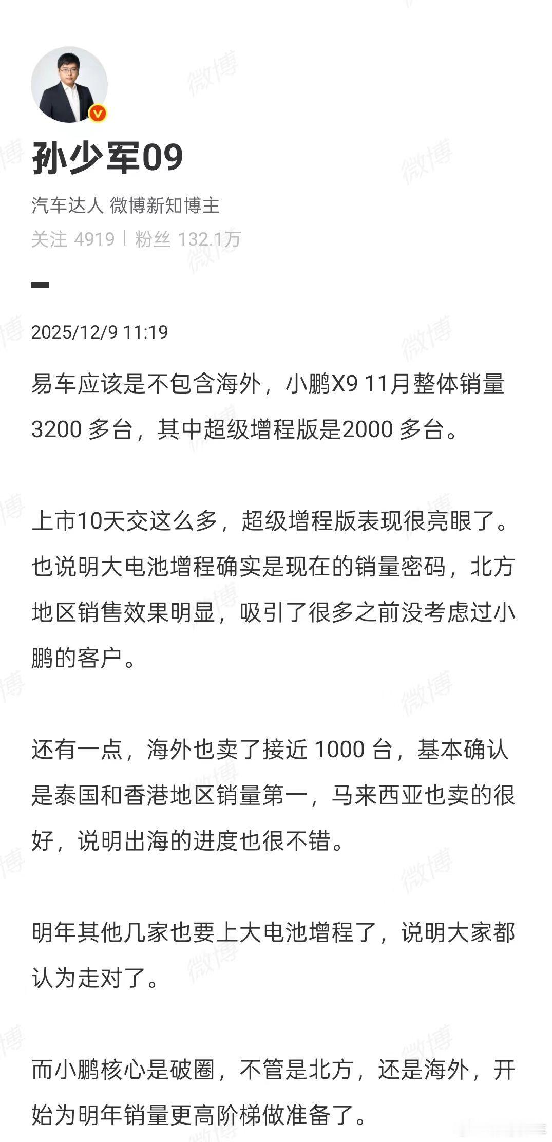 小鹏X9的11月交付量突破了3200台，超级增程版本只用了10天就交付了2000