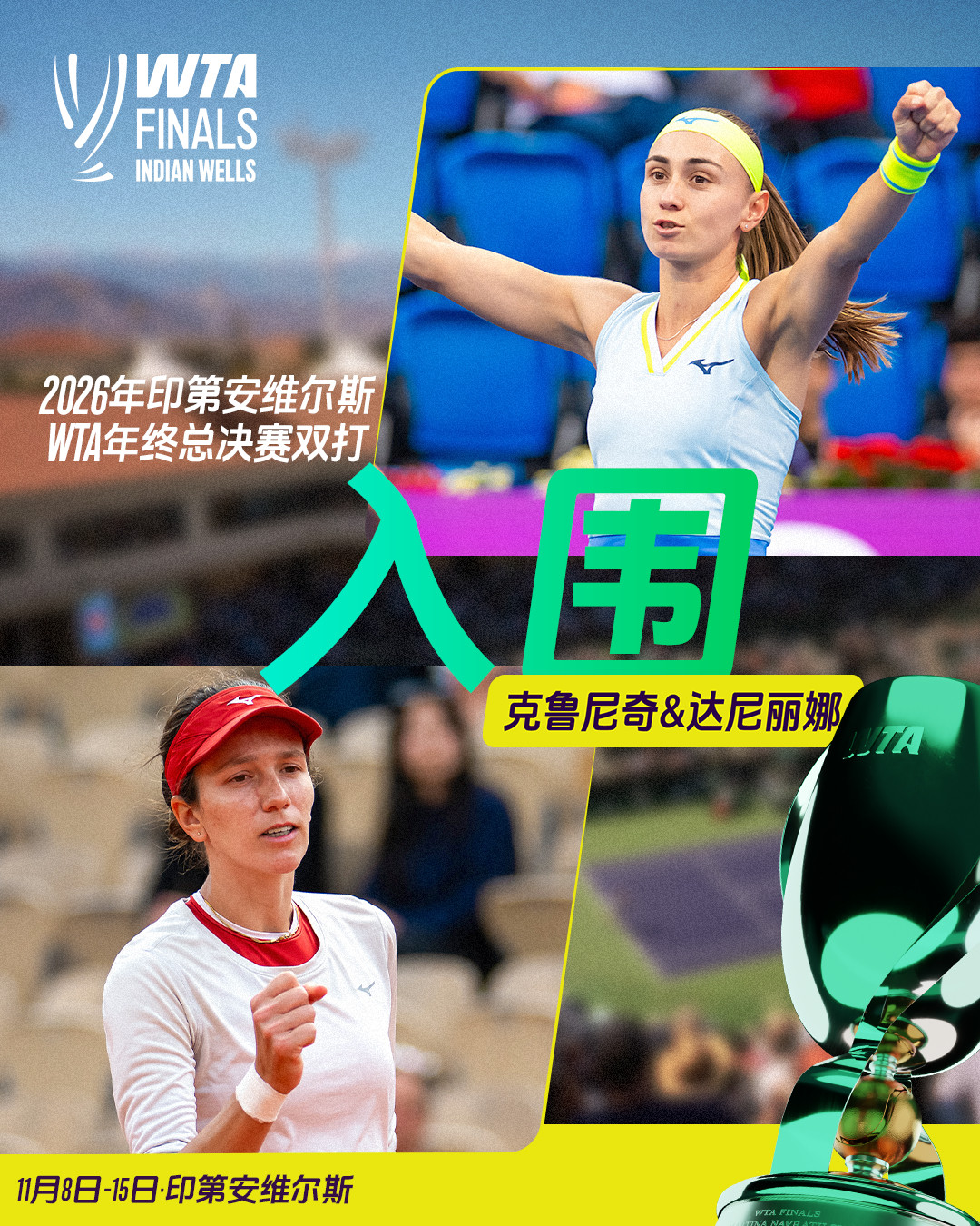 总决赛门票到手🎟️达尼丽娜和克鲁尼奇正式入围2026印第安维尔斯WTA年终总决