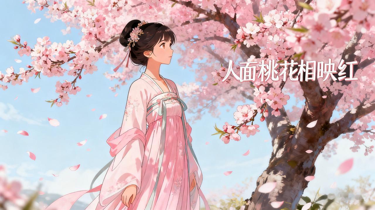 人面桃花相映红，春山漫染胭脂浓，香雪拂衣三万里，暖风绕袖醉芳丛。流云逐水情无