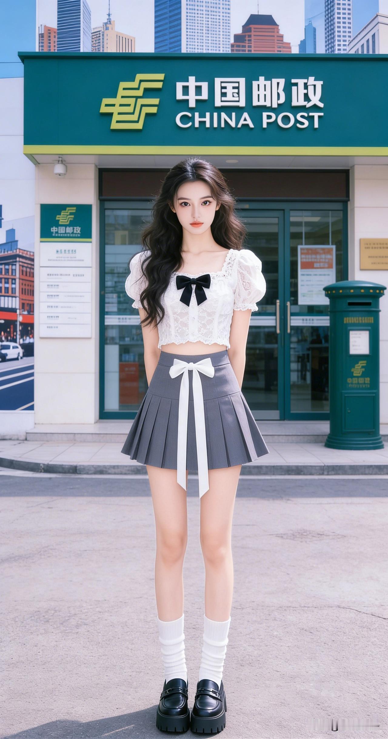 绿衣美人立邮局，春风十里寄相思。温柔甜美少女少女清纯风清纯自然感美女甜清纯