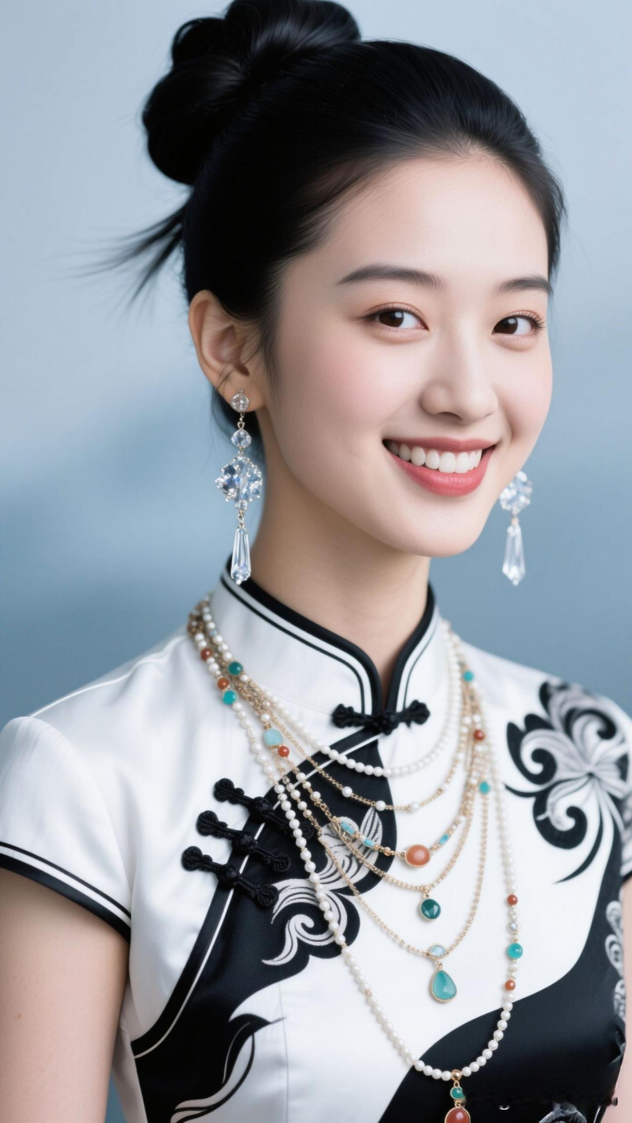 🌊旗袍晕开水墨的凉，彩珠串起流光的暖，她站在那里，就是传统与浪漫的温柔注脚。