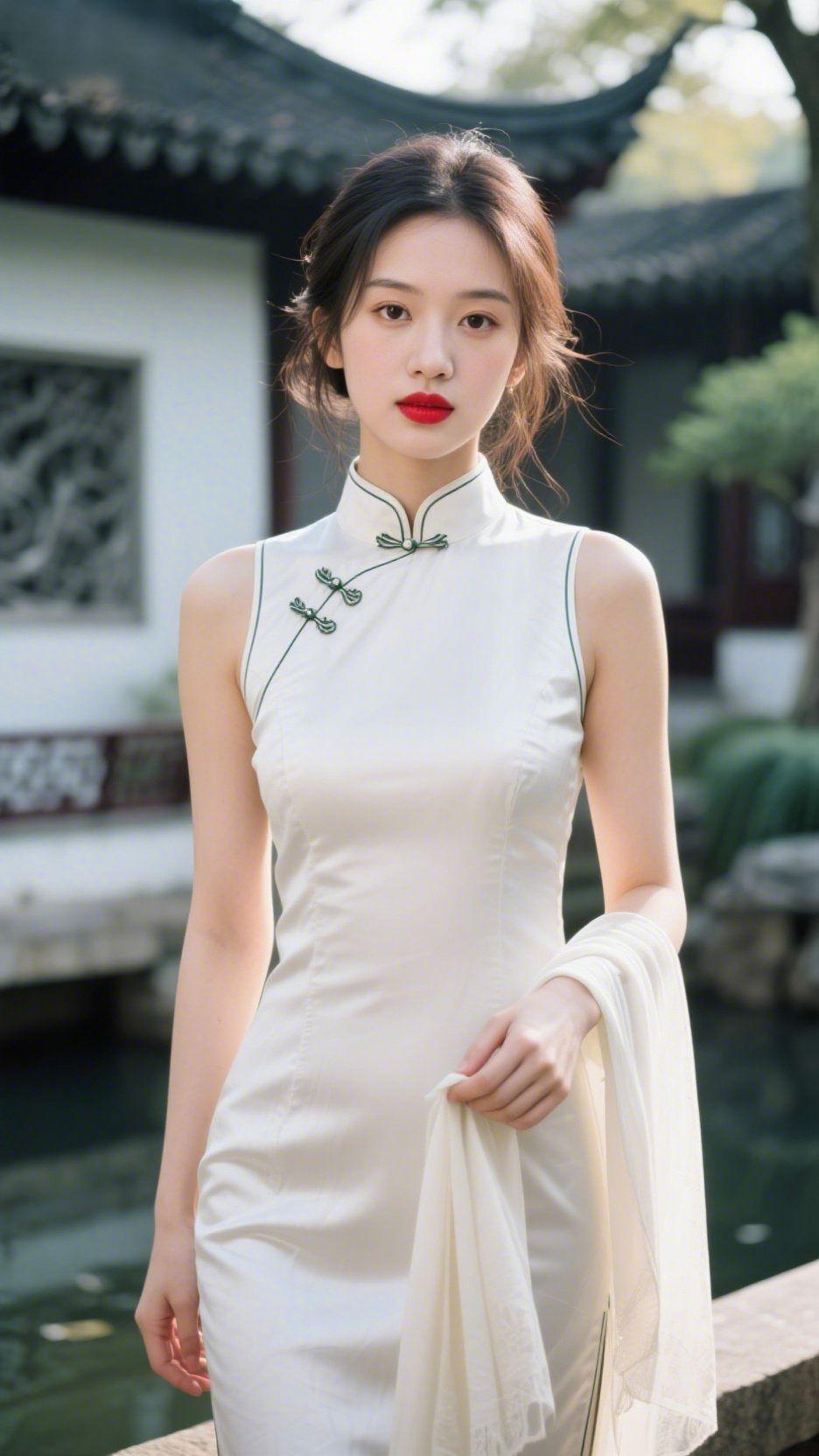《园间素袍裹柔风》黛瓦白墙浸在晨光里，她立在池边，素色旗袍裹着江南的温软。