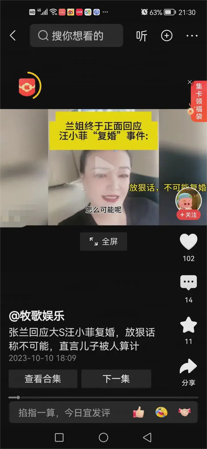 突然间看到张兰2023年10月10回应汪小菲是否与大S复婚的言论视频，张兰对大S