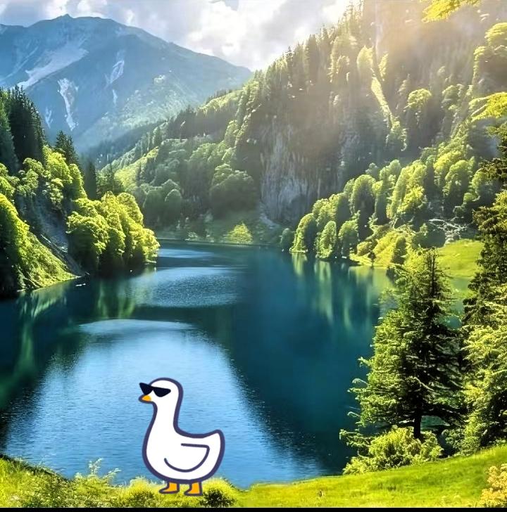 这地方也太治愈了吧！蓝天映着湖水，青山裹着绿树，阳光洒下来暖乎乎的。湖水蓝得像宝