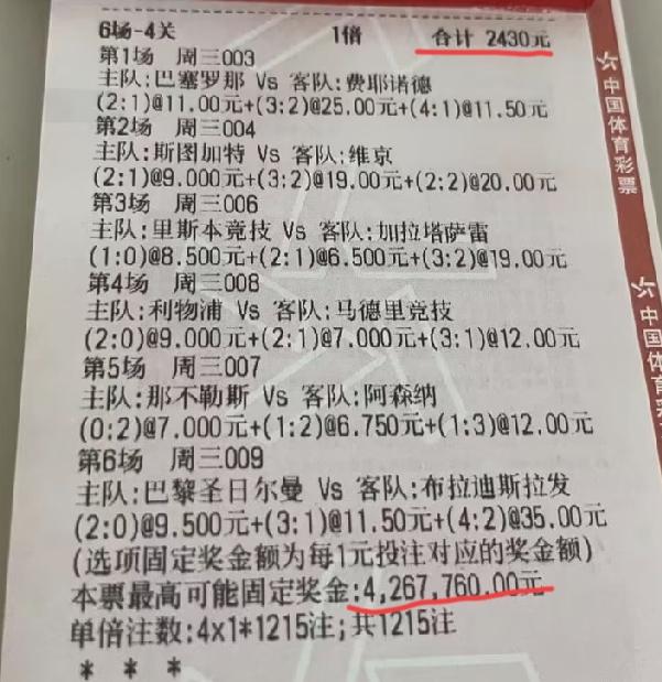 2430块博426万，只能说这位大哥胆子够大，贪心更大！！！昨天的6场欧冠比赛