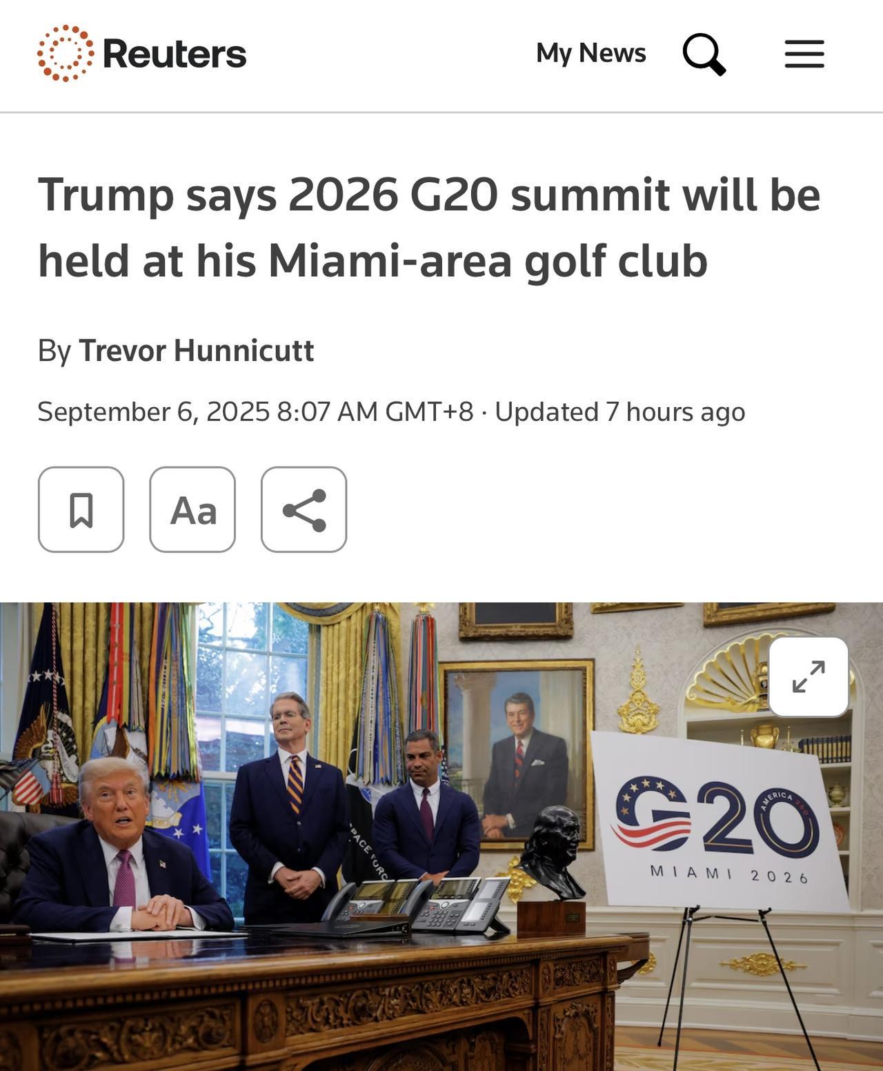 特朗普称2026年G20峰会将在其迈阿密地区多拉尔高尔夫俱乐部举行。20国集团