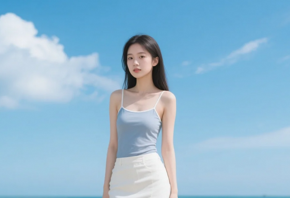 她站在夕阳下的海滩，美得像一首未完的诗