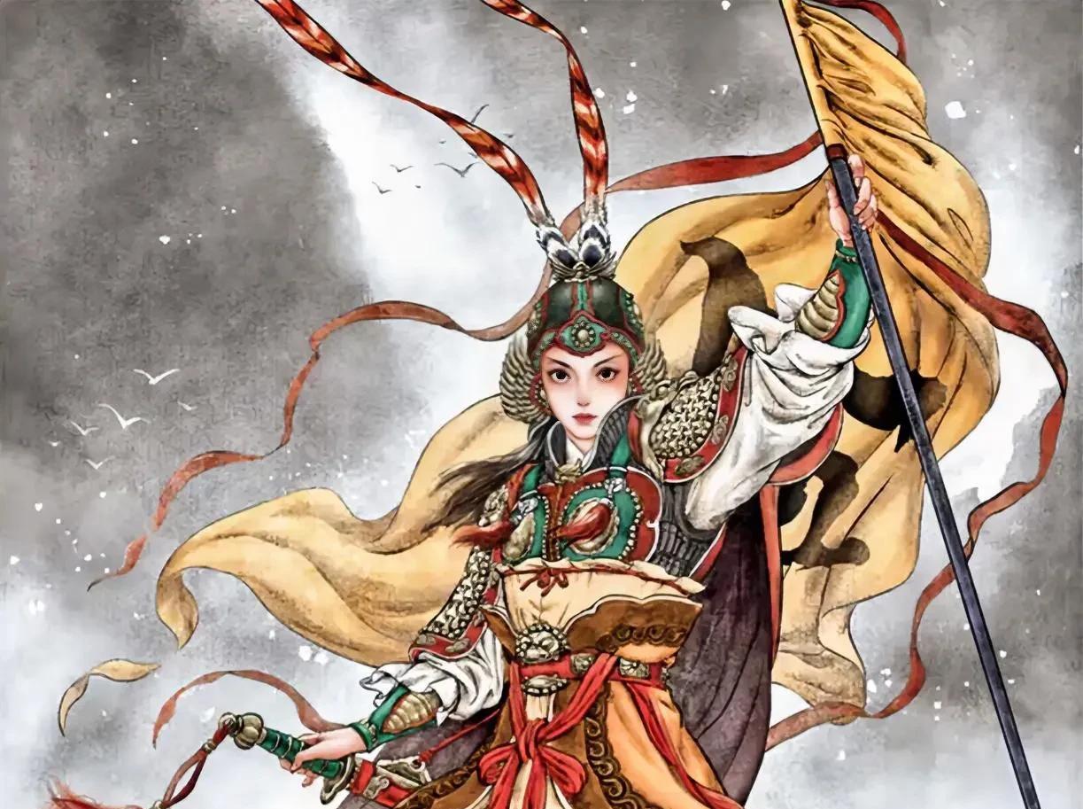 吴金定见杨文广被耶律齐追杀得厉害，她是一马趟翻，一提绣绒刀拦住耶律齐，让过杨文广