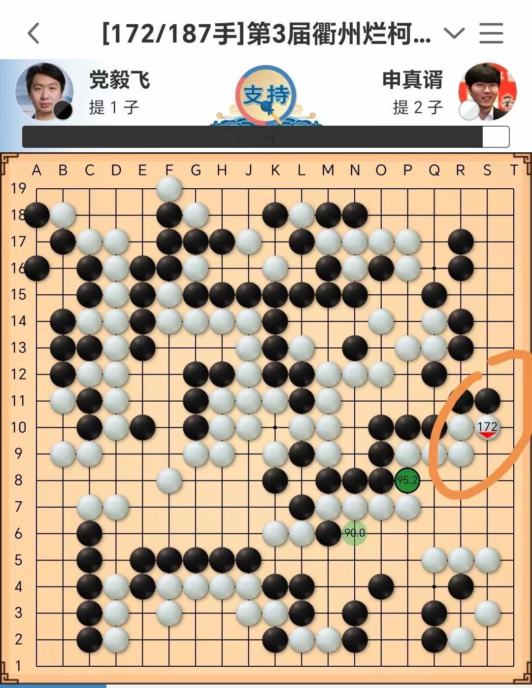 祝贺党毅飞夺冠。第三届“烂柯杯”党毅飞决胜局2：1战胜申真谞，这也是党毅飞个人