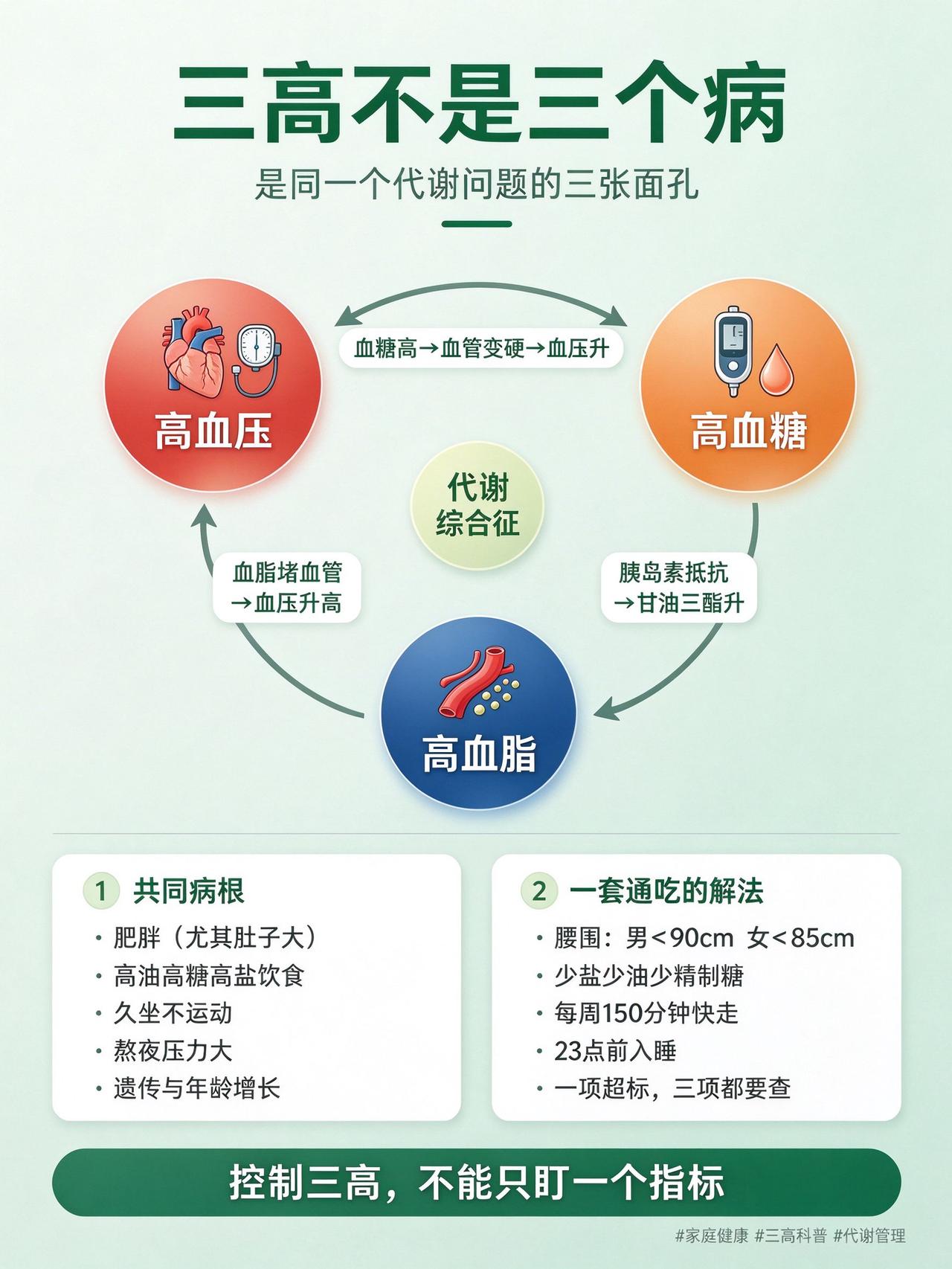 三高的根源可能在血糖高血糖高，血管就会变硬，促使血压升高；胰岛素少，分解甘油三