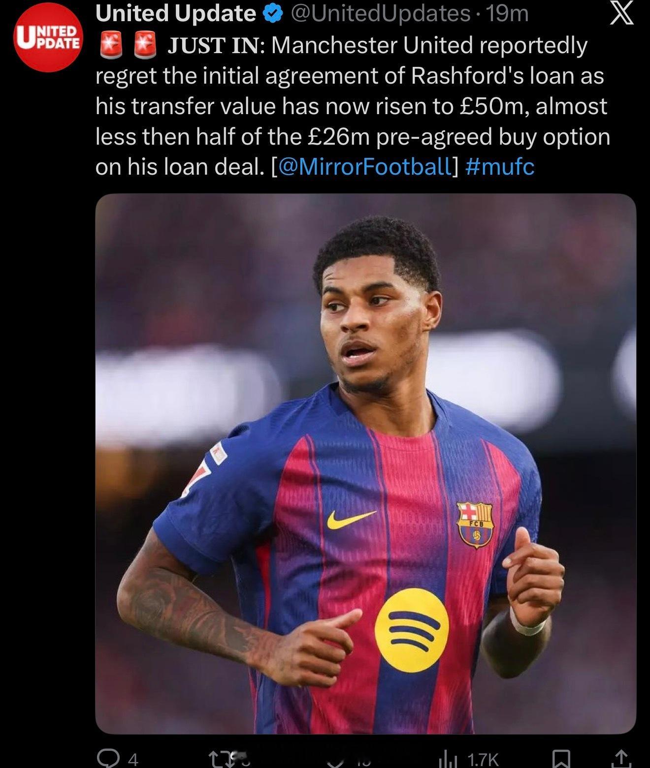 镜报：曼联后悔当初在拉什福德租借巴萨的买断条款定的太低，只有2600万，现在球员