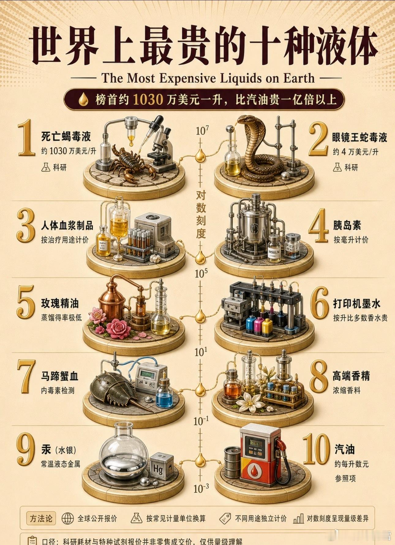 世界上最贵的十种液体，我还以为汽油最贵呢[捂脸哭]，原来汽油只能排第十！​​​