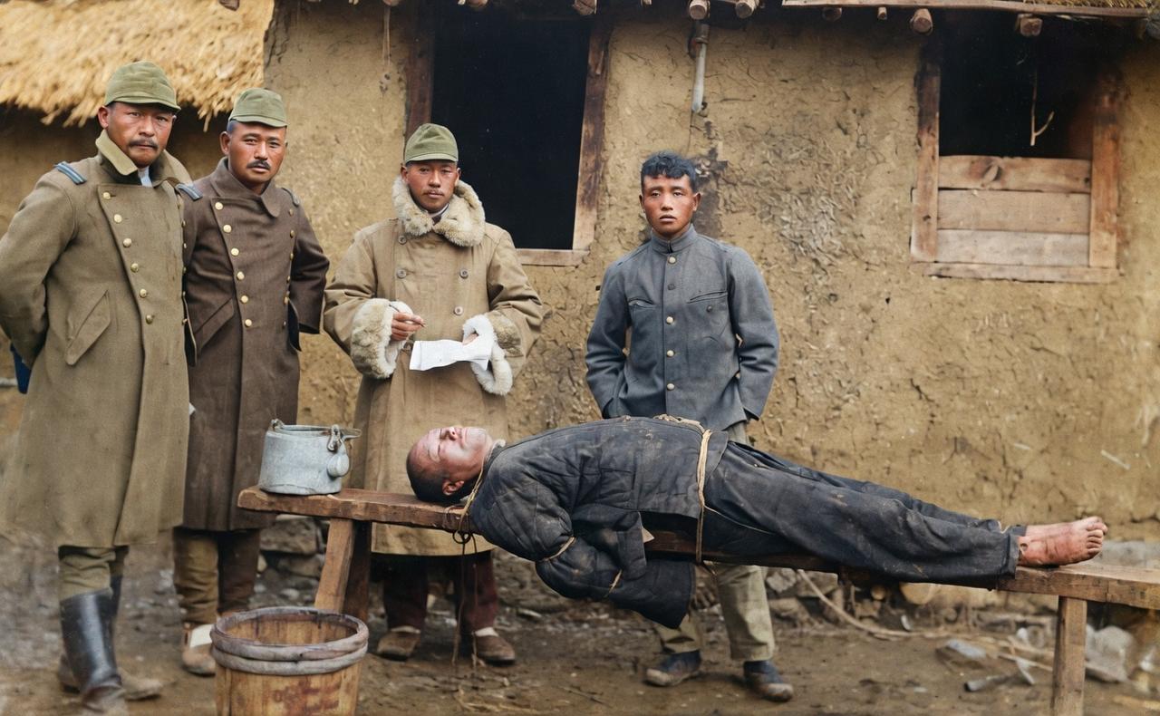 1935年，辽东/某地，破旧的土坯房前，一位抗联战士被牢牢绑在长凳上，手脚被缚，