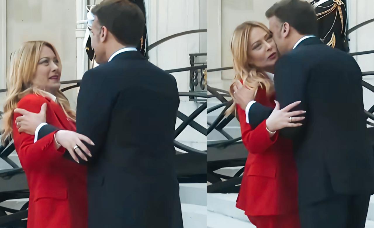 马克龙见了梅洛尼很激动啊！非常的热情啊！梅洛尼面对马克龙的热情，貌似有点准备不