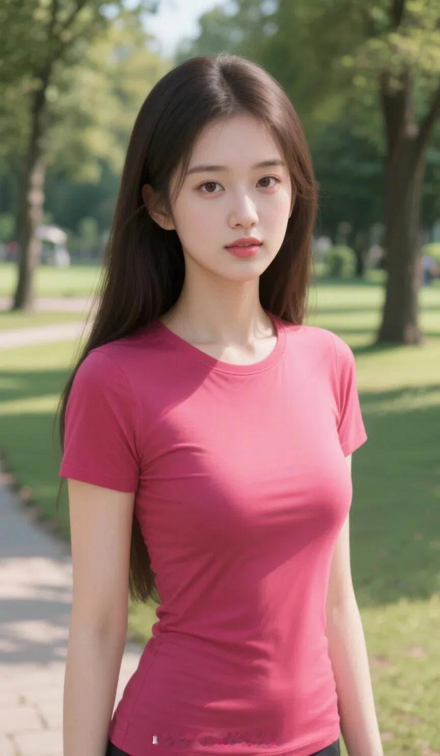 阳光明媚的公园里，少女穿着粉色T恤，清新自然，元气满满！🌞💕
