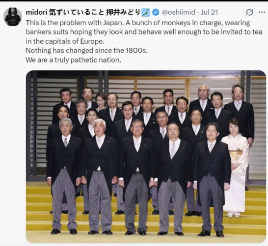 一个日本人发图文嘲讽日本议员：这就是日本的问题所在，一群猴子掌权，穿着银行家的