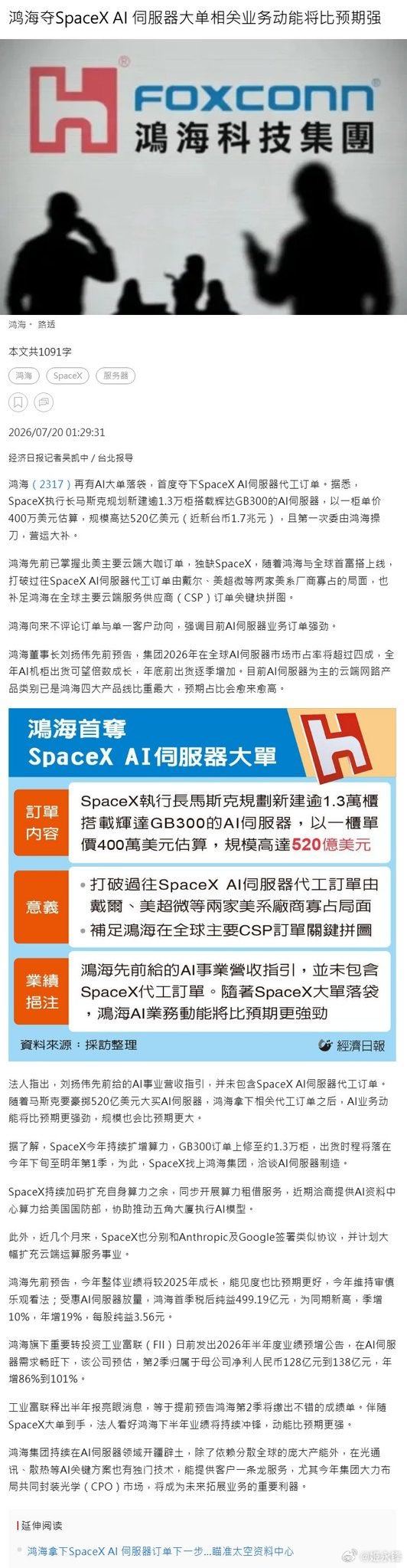 鸿海首度夺下SpaceXAI伺服器代工订单。据悉，SpaceX执行长马斯克规划