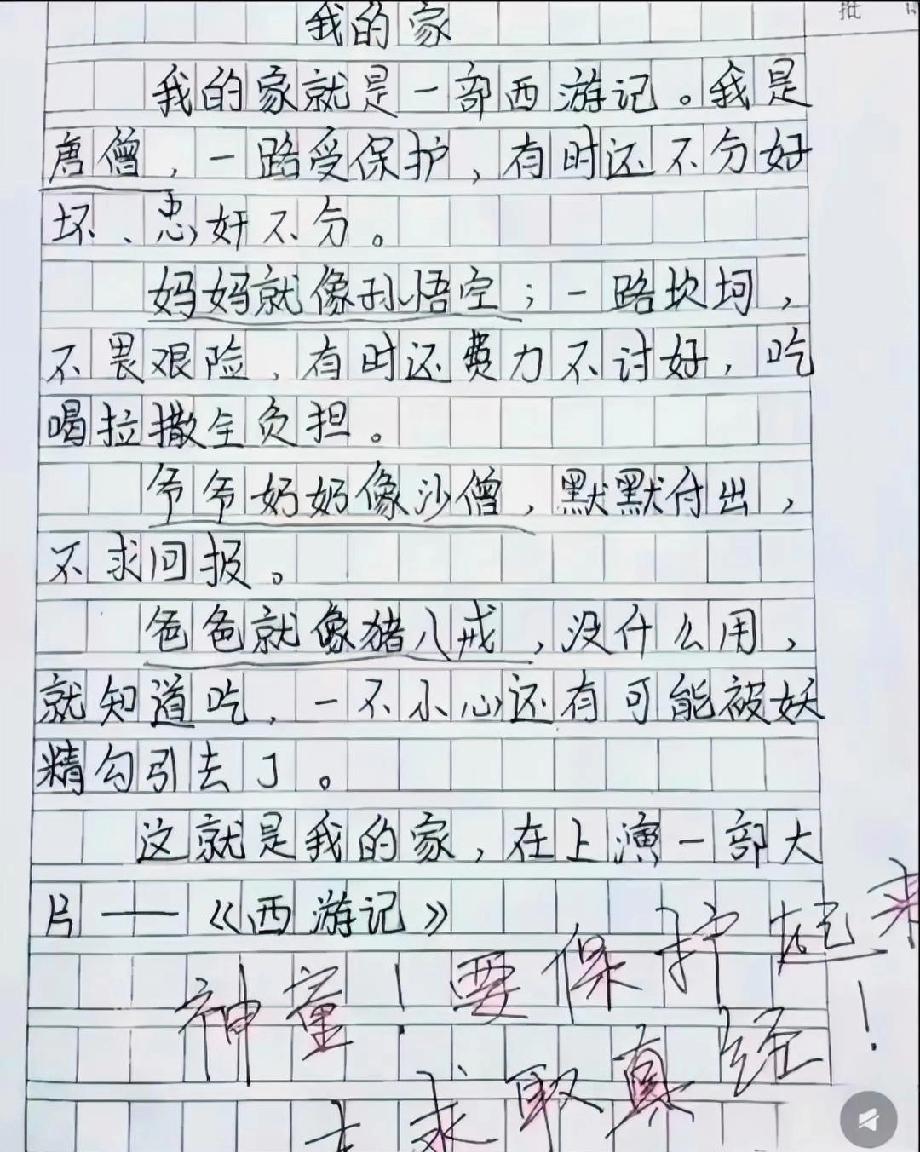 小学生作文把家比作《西游记》，形容爸爸的话笑翻网友，太真实了！
