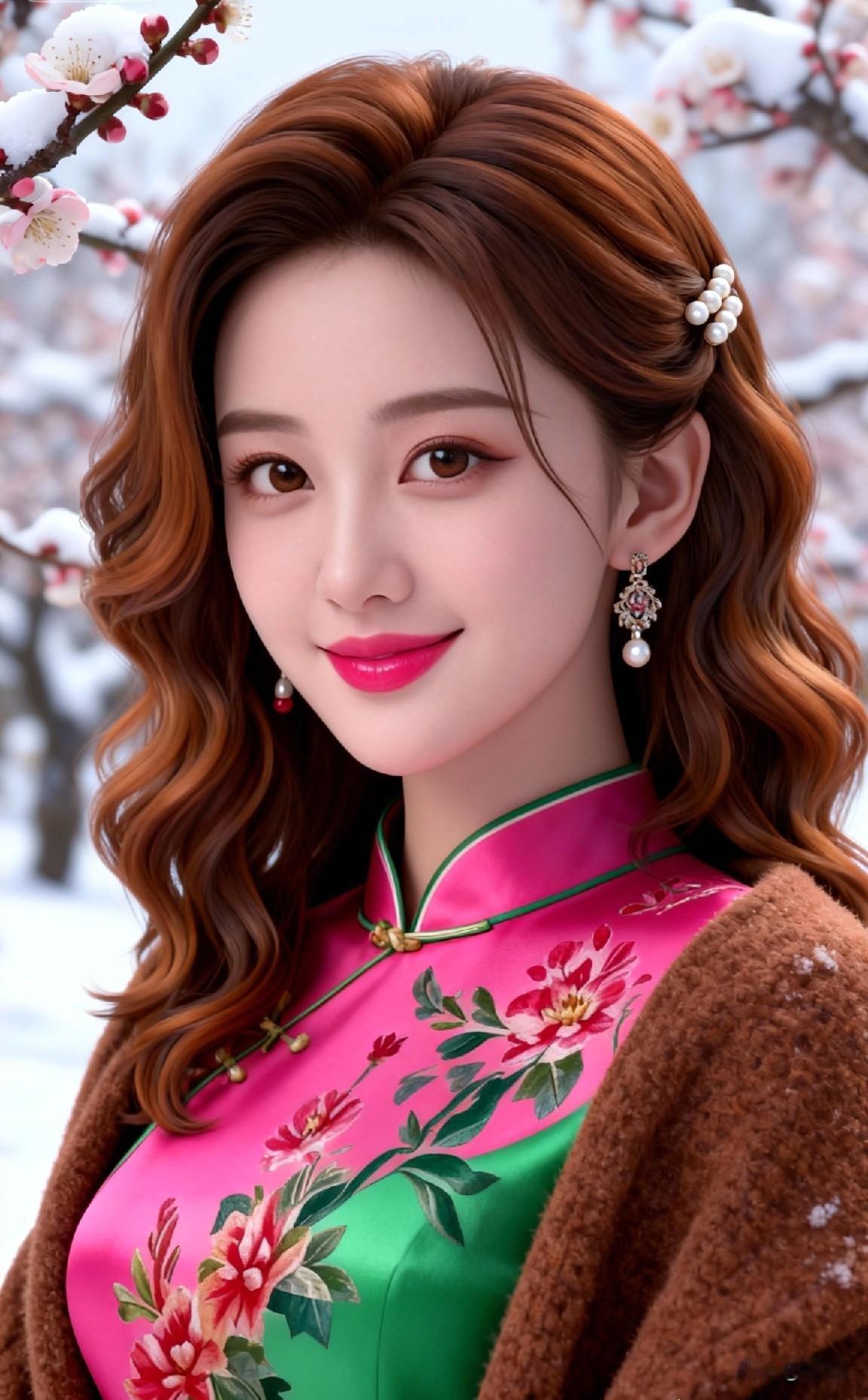 冬日雪景中的东方美人，粉嫩妆容与传统旗袍相映成趣旗袍秀东方美人旗袍古典美女新