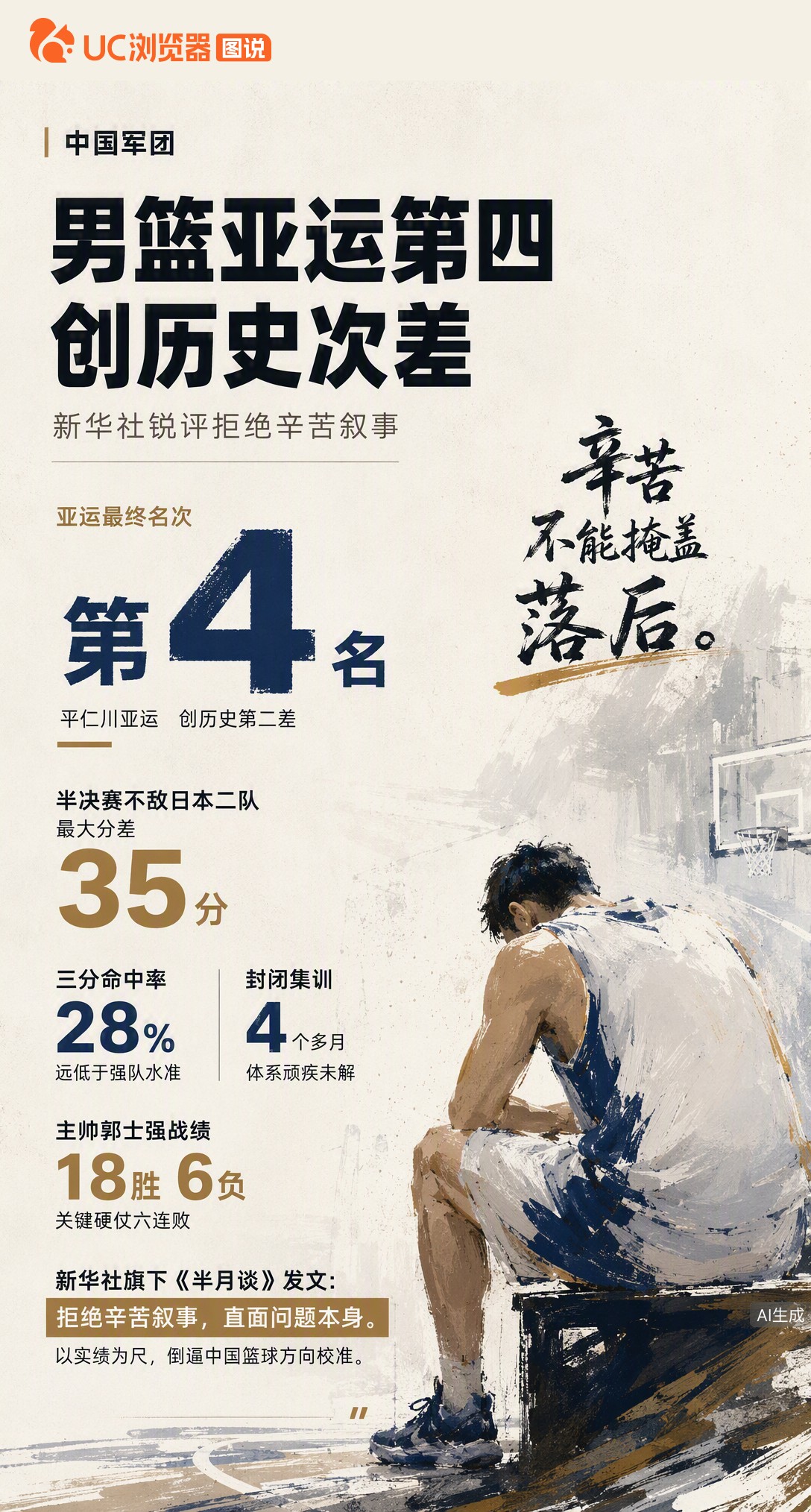 亚运第四创历史第二差，半决赛输日本二队35分。郭士强赛后强调辛苦遭新华社锐评：四个月封闭集训没解决体
