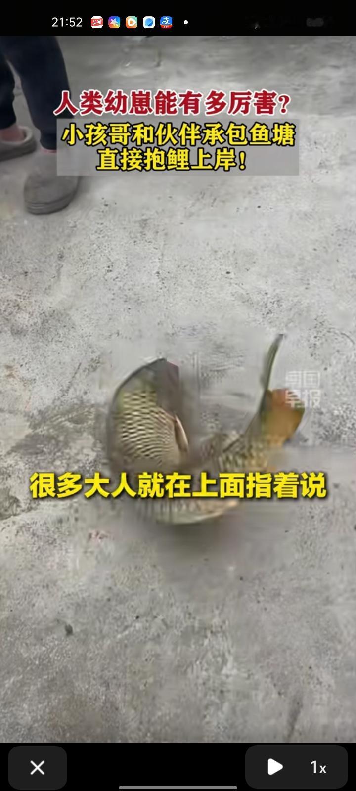 2月6日，贵港市平南县。两小孩在鱼塘中欢乐抓鱼，玩得不亦乐乎，很多人在上面指着说