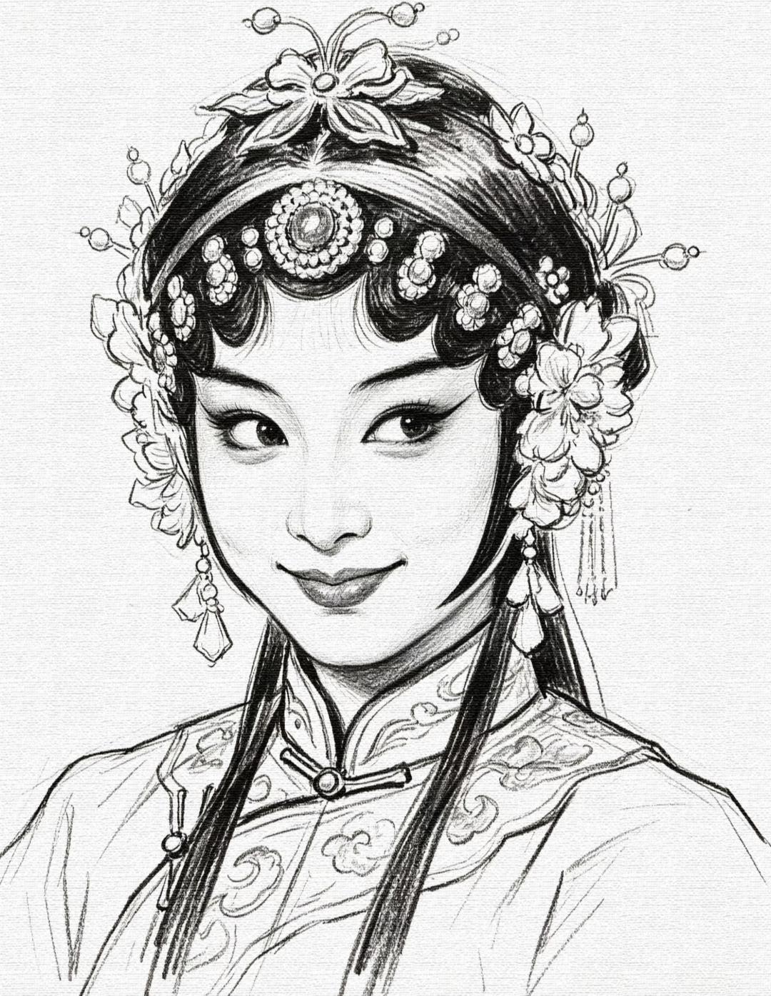 素材|戏曲人物白描线稿16图眉眼如画，头饰繁复，一袭古装勾勒出古典美人温婉又灵