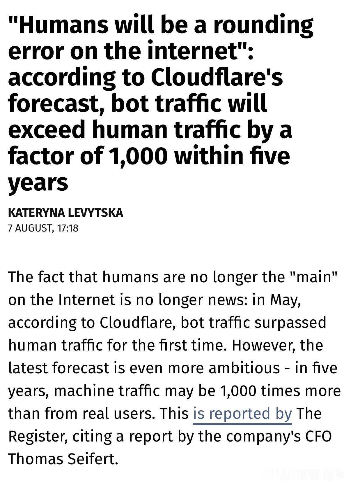 马斯克引用云峰公司（Cloudflare）的预测时指出：“AI代理互联网流量显