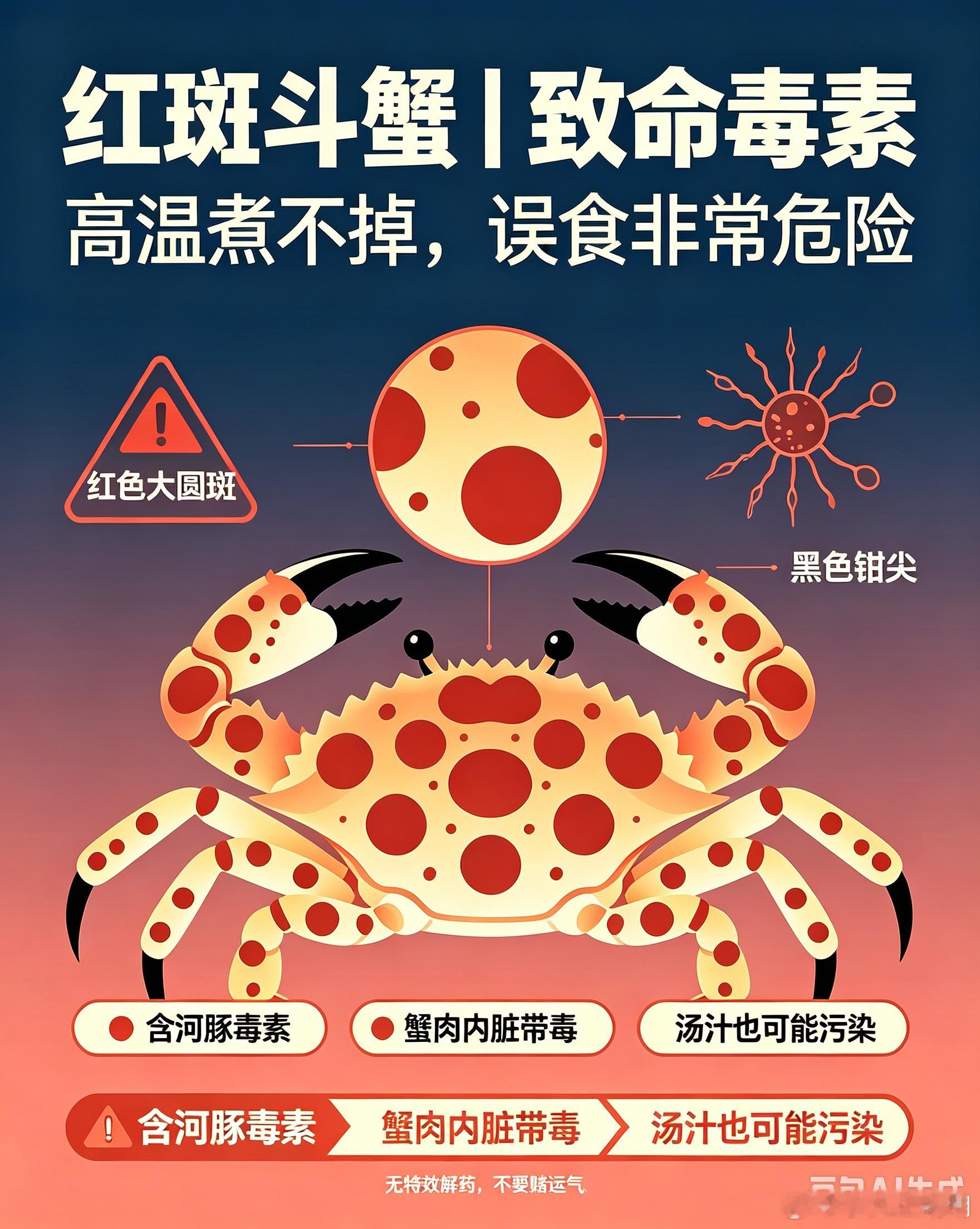 巨型红斑斗蟹在我国福建、海南、台湾礁岩海域有分布，生活在珊瑚礁、岩缝里￼，有剧毒
